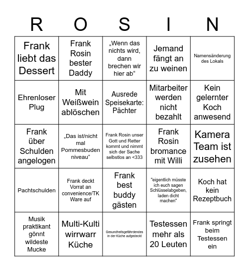 Rosin Restaurants Bingo Card