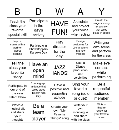 BROADWAY BINGO! Bingo Card