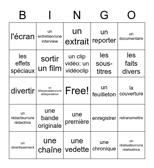 le cinema/tele & la presse 1 Bingo Card