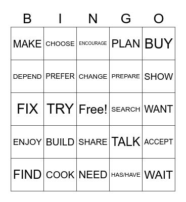 ASL 1 UNIT 4 VERBS Bingo Card