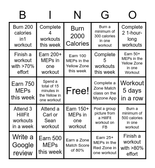 February Fitness Challenge Bingo Card