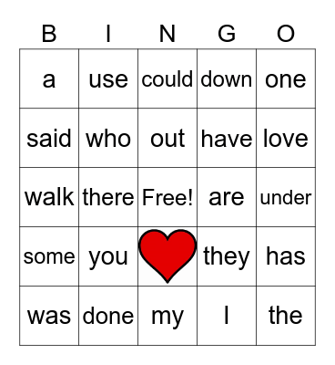 Heart Words Bingo Card