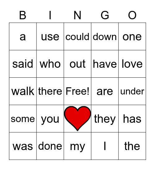 Heart Words Bingo Card