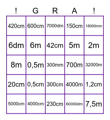 JEDNOSTKI DŁUGOŚCI Bingo Card