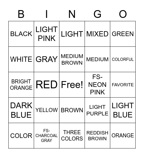 COLORS Bingo Card