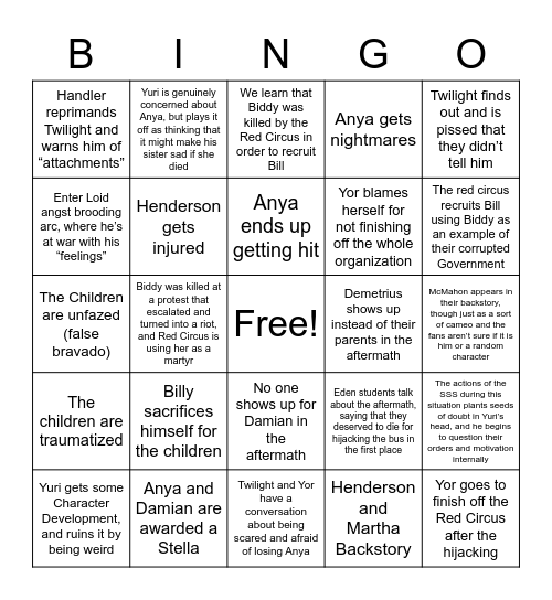 Cannibal's Bingo Card