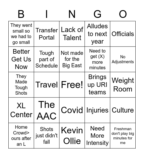 Dan Hurley Excuses Bingo Card