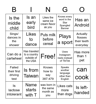 BIO (not Biology) Bingo Card