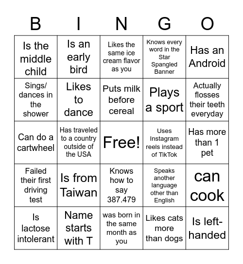 BIO (not Biology) Bingo Card