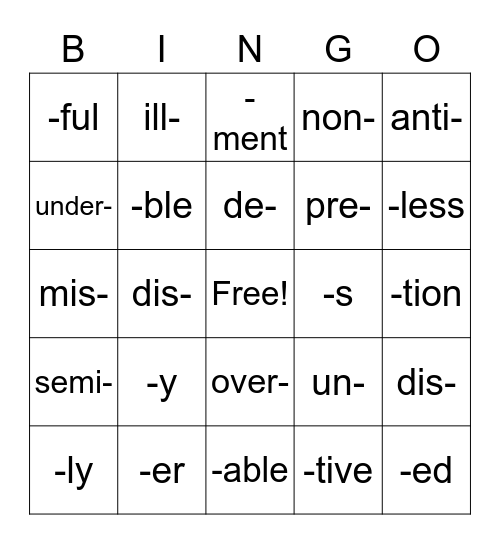 Prefix, Suffix Bingo Card