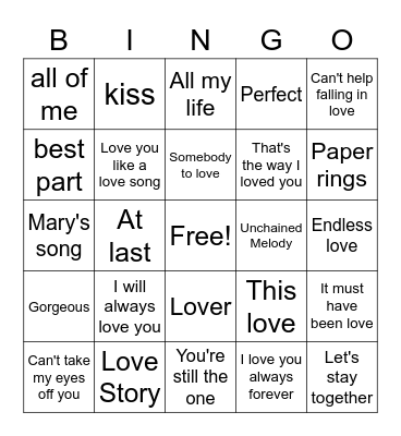 Love Song Bingo Card