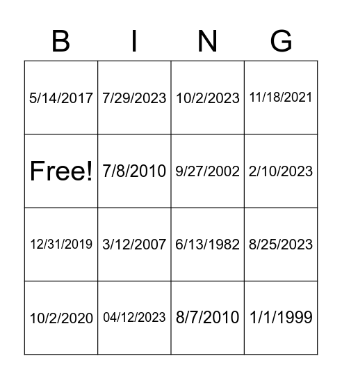 Dates by Number Bingo Card
