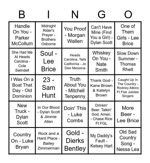 Today's Hits Country Bingo Card