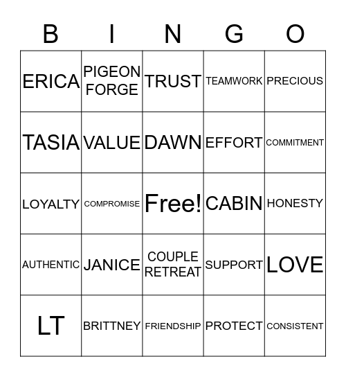 Couple Retreat Bingo Card