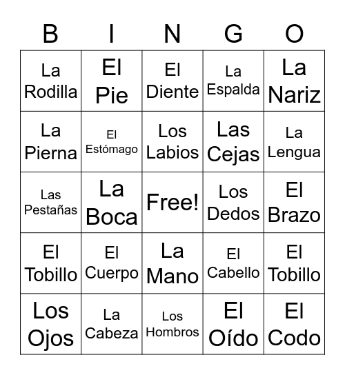 El Cuerpo Bingo Card