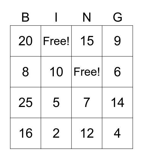 Multiplication Bingo Card