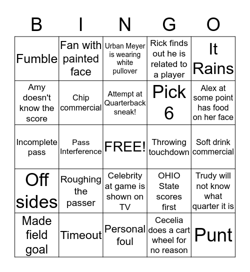 Ohio State vs Michigan Bingo Card