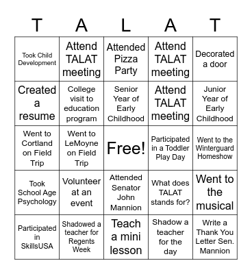 TALAT Bingo Board Bingo Card