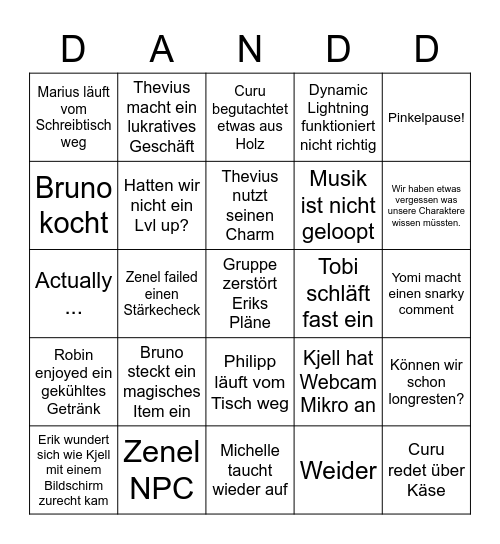 Typical DND Sesh Bingo Card