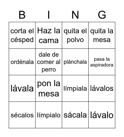 los quehaceres Bingo Card