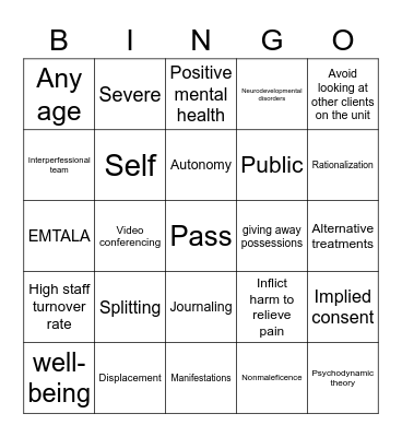 Mental Health Exam 1 Bingo Card