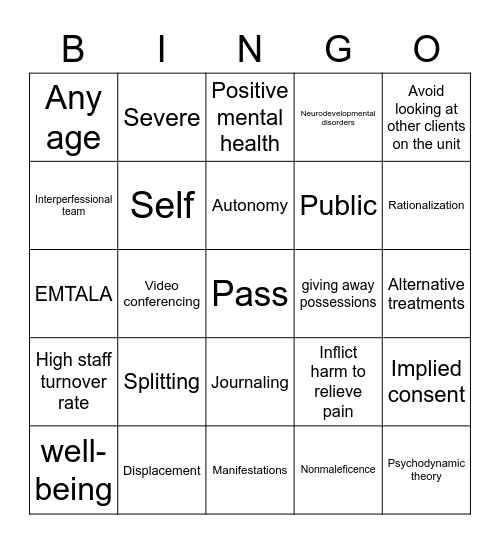 Mental Health Exam 1 Bingo Card