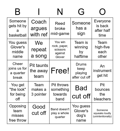 Pep Band Bingo Card