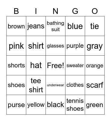 Clothing & Colors Bingo Card