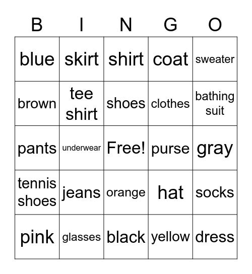 Clothing & Colors Bingo Card