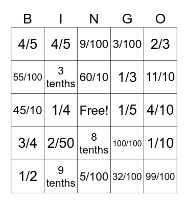 Fraction & Decimal Bingo Card