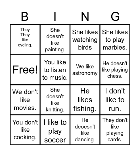 LIKE/ LIKES/ DON'T LIKE/ DOESN'T LIKE Bingo Card