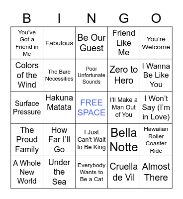 Disney Music Bingo Card
