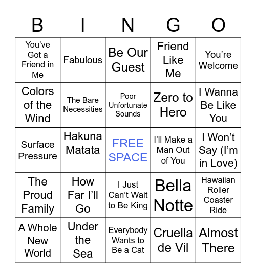 Disney Music Bingo Card