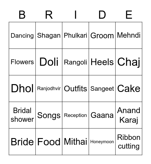 Harjot's Bridal Bingo Card