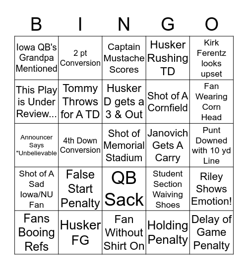 NU/Iowa Bingo Card