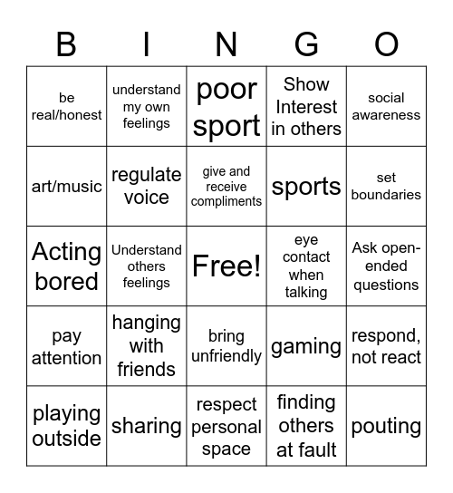 Social Skills Bingo Card