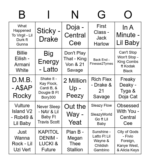 Today's Hits HipHop Bingo Card