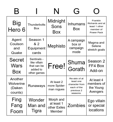 Marvel United Kickstarter Bingo Card