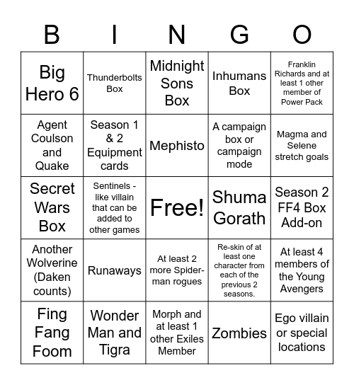 Marvel United Kickstarter Bingo Card