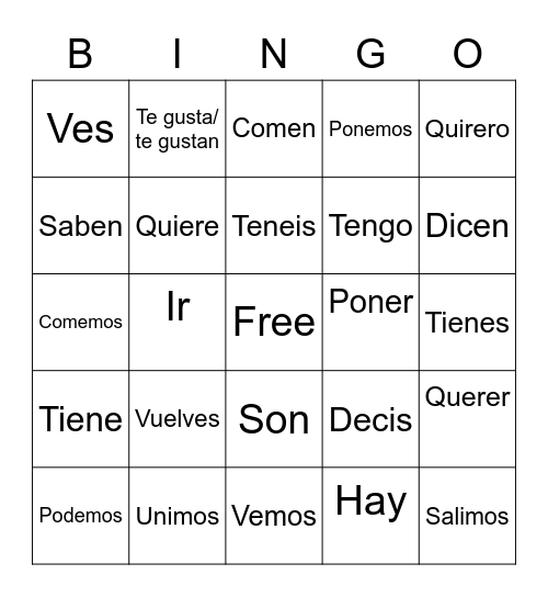 Verb Conjugation Bingo Card