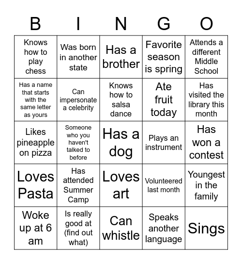 Classmate BINGO ... Find someone who Bingo Card