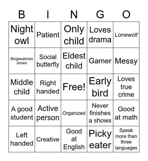 Personality Traits Bingo Card