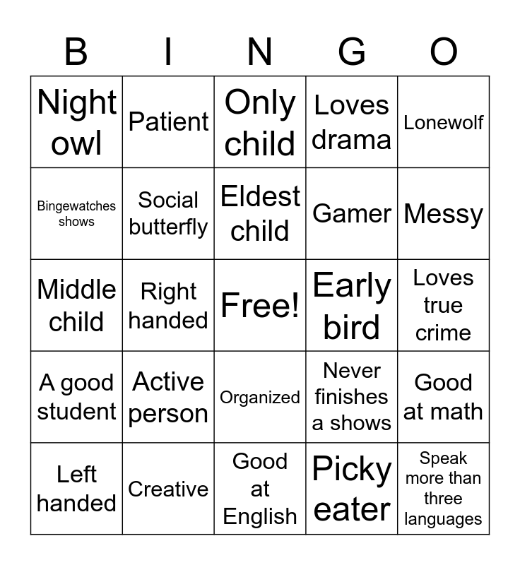 Personality Traits Bingo Card