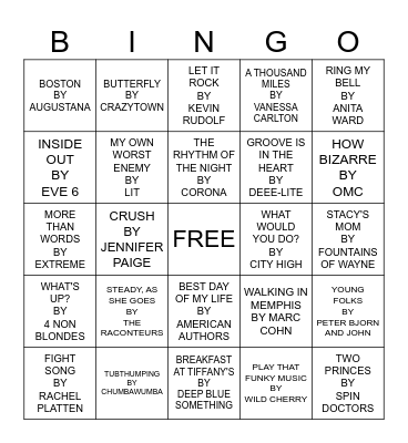 ONE HIT WONDERS Bingo Card