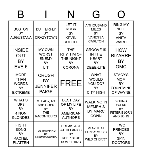 ONE HIT WONDERS Bingo Card