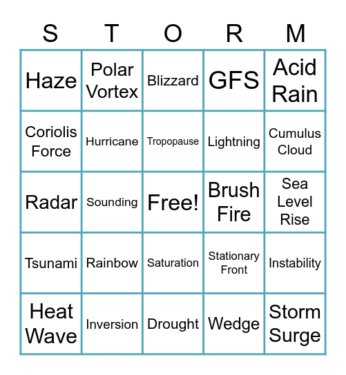 Weather Bingo Card