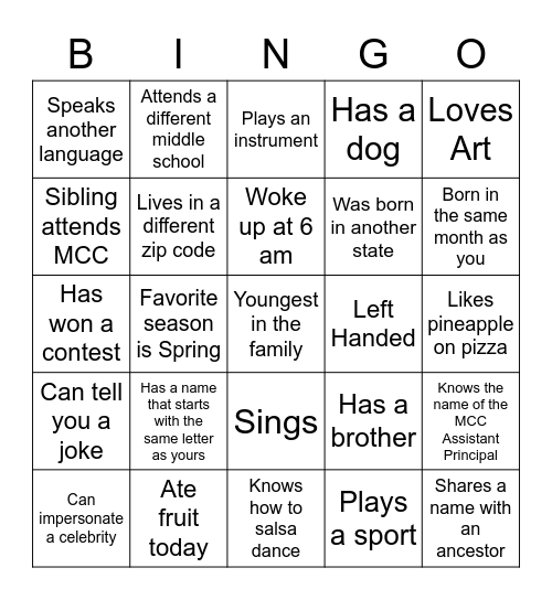 Classmate BINGO Card