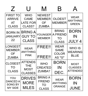 Zumba Bingo Card
