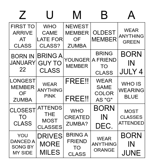 Zumba Bingo Card