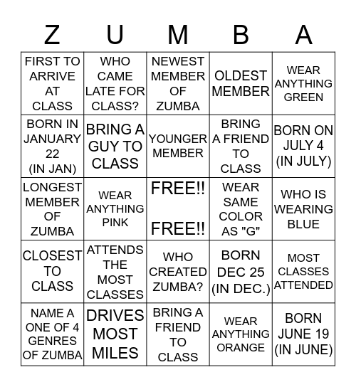 Zumba Bingo Card